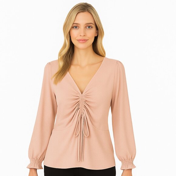Le Chateau Blouse Sz L cinched Peplum blush V neck pink crepe - Picture 1 of 9